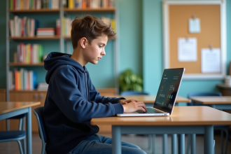 Jeune lyceen en classe avec ordinateur portable