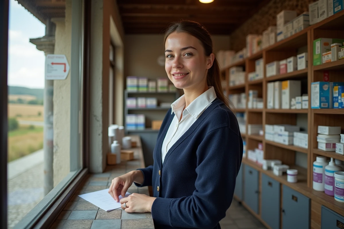 Jeune parapharmaciste organisant des produits dans une boutique de village