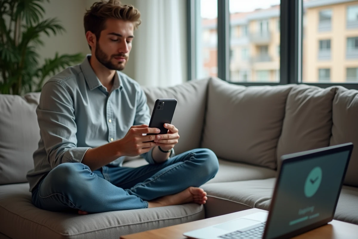 Jeune personne consultant un smartphone pour résoudre un problème de connexion sur son ordinateur portable dans un salon moderne