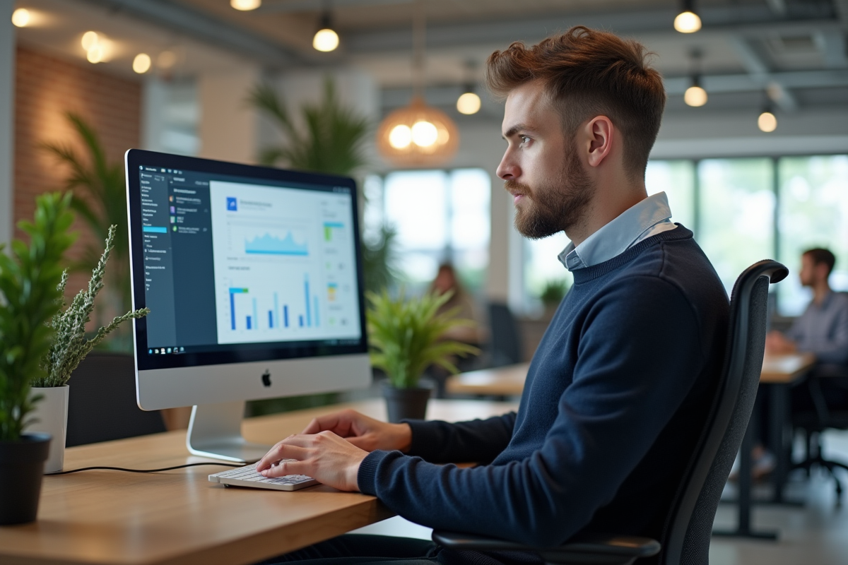 Jeune homme en informatique travaillant à son bureau moderne