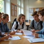 Groupe de jeunes bacheliers discutant de leurs projets