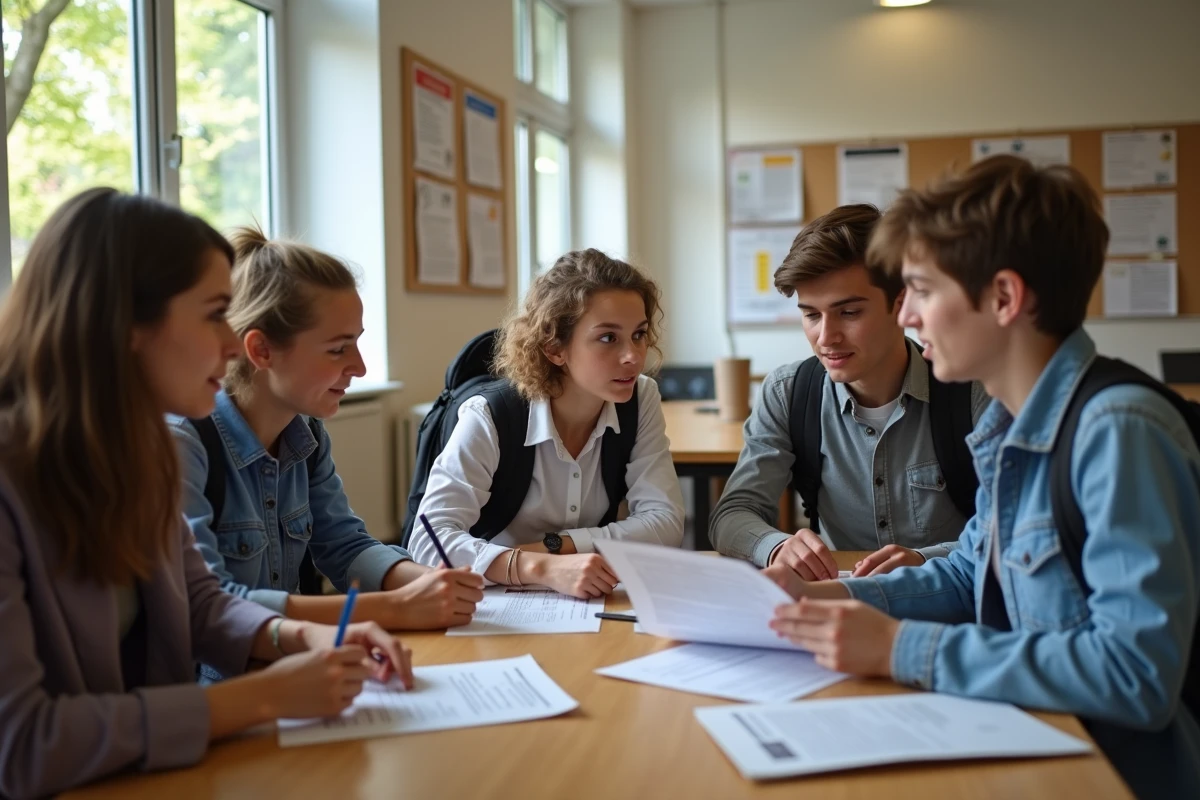 Groupe de jeunes bacheliers discutant de leurs projets