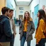 Groupe de jeunes étudiants discutant dans l'entrée de l'Esaa Duperre