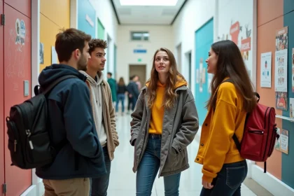 Groupe de jeunes étudiants discutant dans l'entrée de l'Esaa Duperre