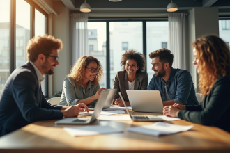 Groupe de jeunes professionnels collaborant dans un bureau lumineux
