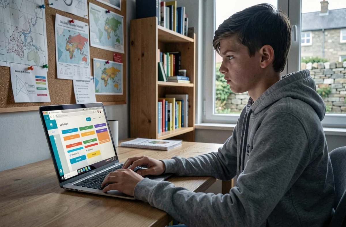 Adolescent utilisant la plateforme Kartable sur son ordinateur portable dans sa chambre pour réviser ses cours