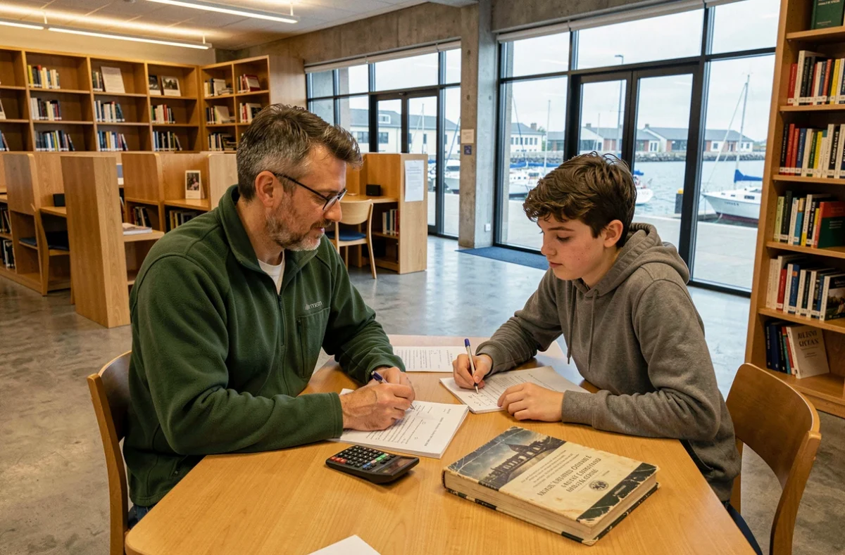 Tuteur Kelprof accompagnant un lycéen en révision de physique dans la médiathèque de Lorient avec vue sur le port