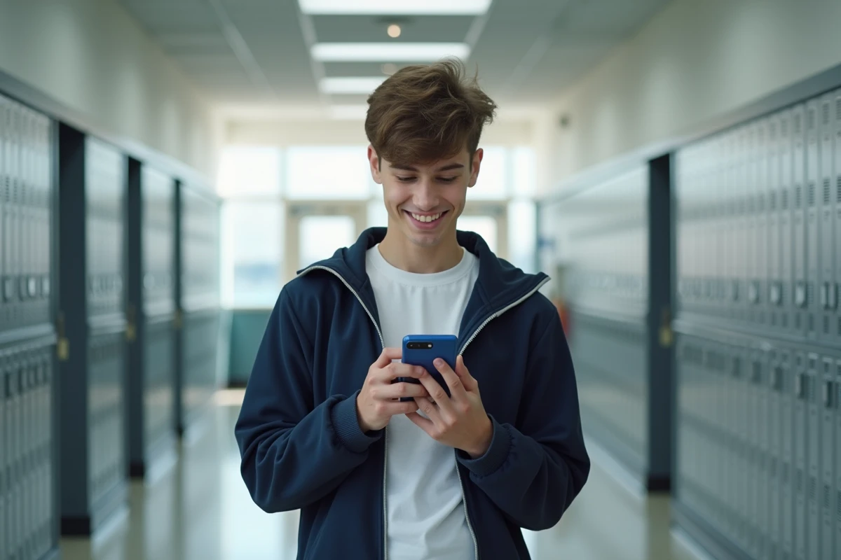 Lycéen accédant à l'ENT OZE 92 depuis son iPhone dans un couloir de lycée