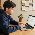 Lycéen frustré devant son ordinateur portable affichant une erreur de connexion sur le portail Monlycée PSN