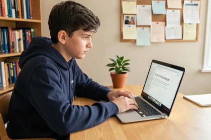 Lycéen frustré devant son ordinateur portable affichant une erreur de connexion sur le portail Monlycée PSN