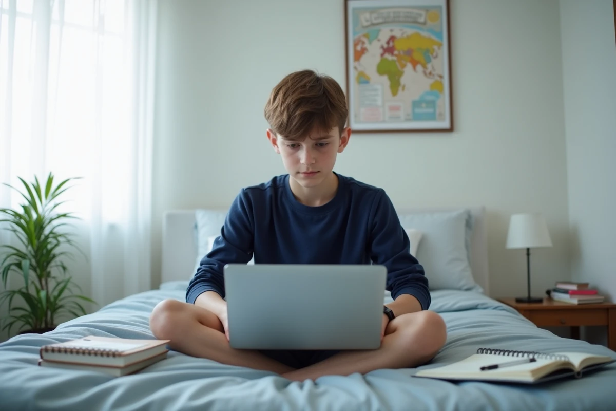 Adolescent consultant son espace numérique de travail scolaire sur un ordinateur portable depuis sa chambre