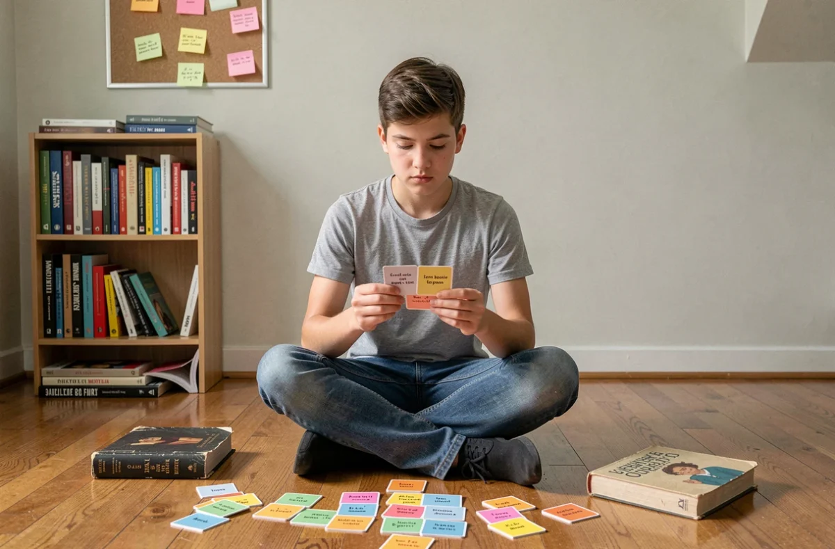 Lycéen étudiant les figures de style avec des fiches de révision colorées sur le sol de sa chambre