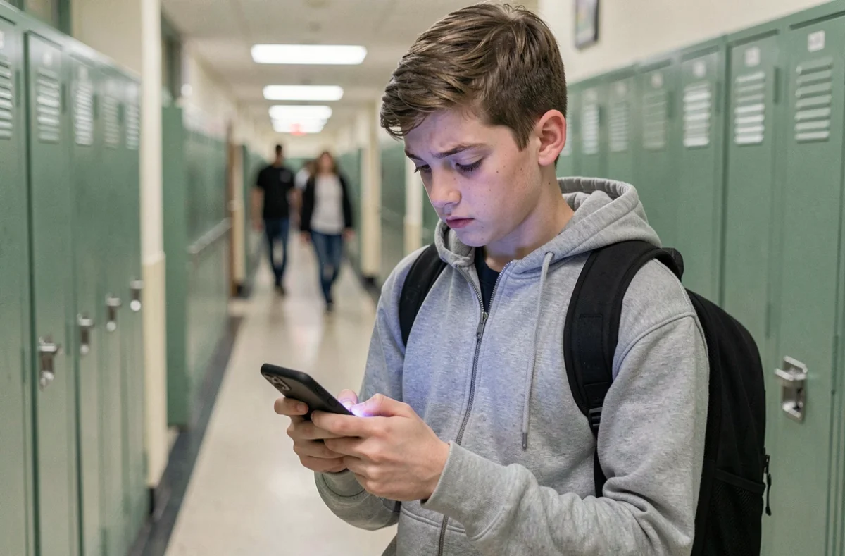 Lycéen consultant son smartphone dans un couloir scolaire pour tenter de se reconnecter à l'ENT