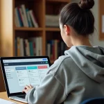 Lycéenne travaillant sur son ENT depuis son bureau à domicile, organisée avec un emploi du temps et des notes sur un tableau de liège
