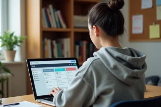 Lycéenne travaillant sur son ENT depuis son bureau à domicile, organisée avec un emploi du temps et des notes sur un tableau de liège