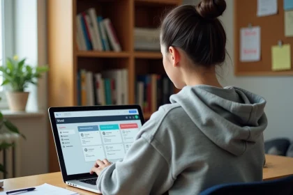 Lycéenne travaillant sur son ENT depuis son bureau à domicile, organisée avec un emploi du temps et des notes sur un tableau de liège