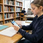 Lycéenne accédant à Paris Classe Numérique ENT sur son smartphone dans une bibliothèque scolaire