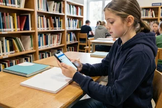 Lycéenne accédant à Paris Classe Numérique ENT sur son smartphone dans une bibliothèque scolaire