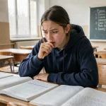 Lycéenne révisant les figures de style pour le bac de français avec des livres et notes sur son bureau