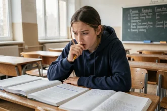 Lycéenne révisant les figures de style pour le bac de français avec des livres et notes sur son bureau