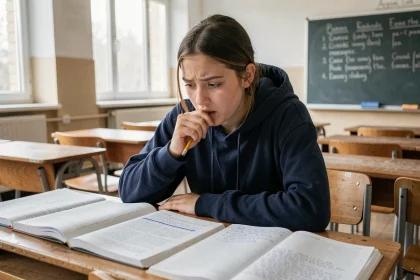 Lycéenne révisant les figures de style pour le bac de français avec des livres et notes sur son bureau