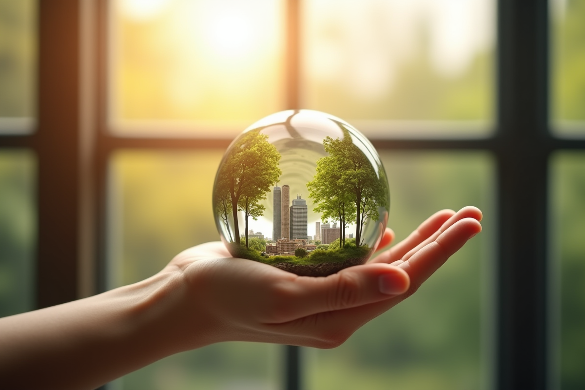 Main tenant un globe miniature avec une ville et des arbres symbolisant l