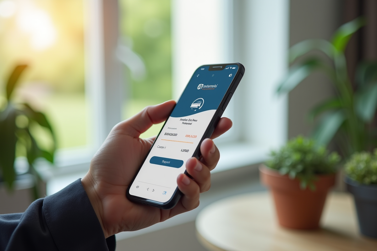 Main tenant un smartphone avec une transaction bancaire et logo Pôle Emploi