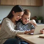 Mère et enfant utilisant une tablette à la cuisine