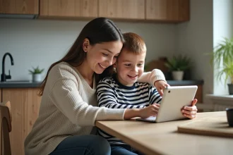 Mère et enfant utilisant une tablette à la cuisine