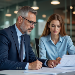 Manager en costume navy avec employée lors d'une réunion professionnelle