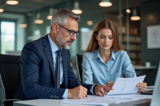Manager en costume navy avec employée lors d'une réunion professionnelle