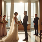 Cérémonie civile élégante dans une mairie moderne avec un couple heureux