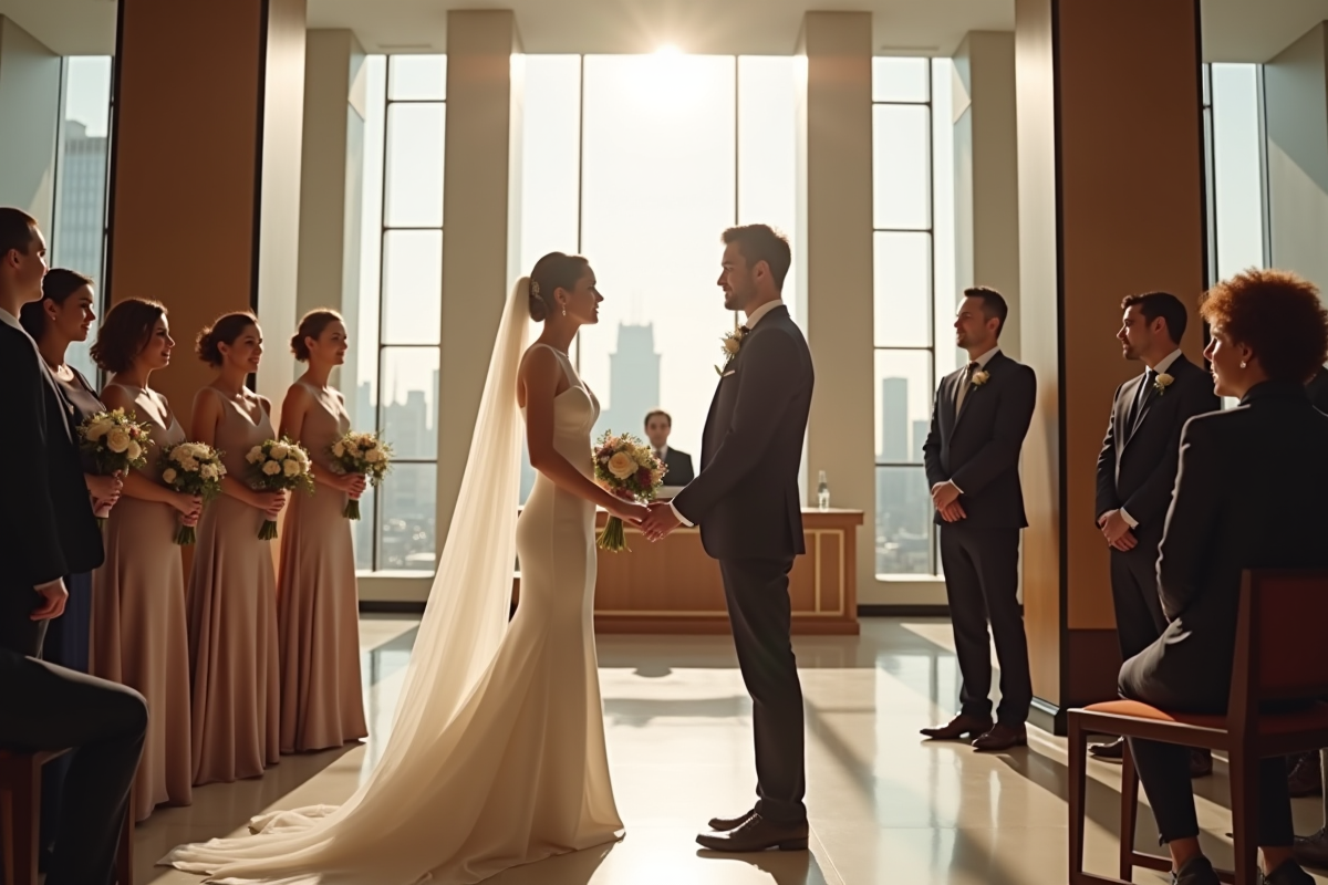 Cérémonie civile élégante dans une mairie moderne avec un couple heureux