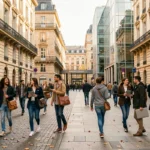 Étudiants en école de commerce marchant dans un quartier universitaire animé de Lyon avec des bâtiments haussmanniens et modernes