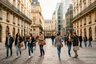 Étudiants en école de commerce marchant dans un quartier universitaire animé de Lyon avec des bâtiments haussmanniens et modernes