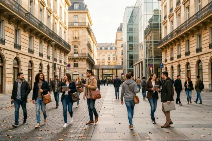 Étudiants en école de commerce marchant dans un quartier universitaire animé de Lyon avec des bâtiments haussmanniens et modernes