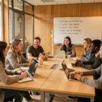 Groupe d'adultes suivant un cours d'anglais dans une salle de classe moderne à Lyon