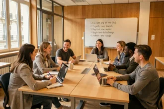 Groupe d'adultes suivant un cours d'anglais dans une salle de classe moderne à Lyon