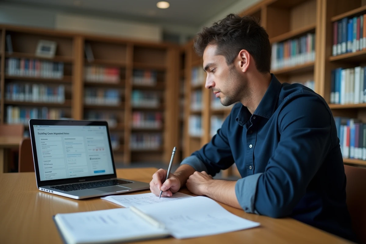 Homme travaillant méthodiquement sur un exercice de recrutement scolinfo avec feuille de réponses et ordinateur en bibliothèque