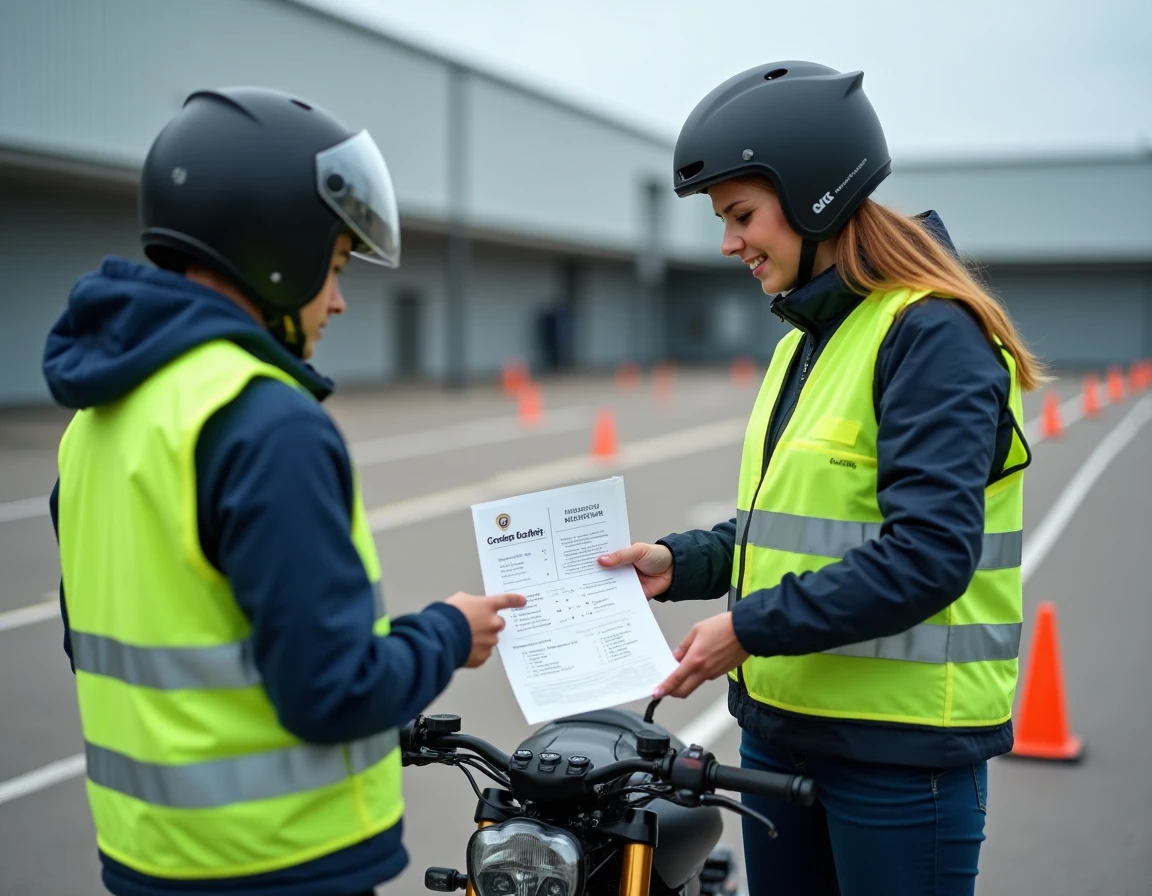 Monitrice d'auto-école expliquant les règles du permis moto A2 à un élève sur un plateau d'entraînement