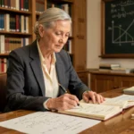 Portrait d'une mathématicienne senior dans un bureau universitaire entouré de formules de mathématiques financières