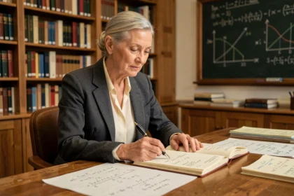 Portrait d'une mathématicienne senior dans un bureau universitaire entouré de formules de mathématiques financières