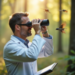 Scientifique observant des oiseaux dans la forêt en plein jour