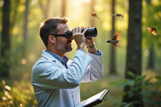 Scientifique observant des oiseaux dans la forêt en plein jour