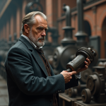 Ingénieur du XIXe siècle inspectant une pièce de machine en usine
