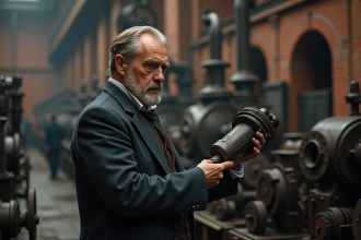 Ingénieur du XIXe siècle inspectant une pièce de machine en usine