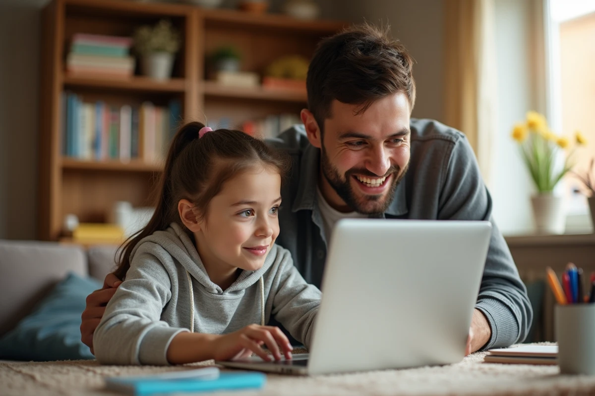 Père aidant sa fille à configurer une application éducative