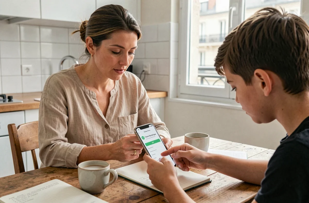 Parent aidant son enfant à se connecter à l'ENT Paris Classe Numérique depuis un smartphone à la maison