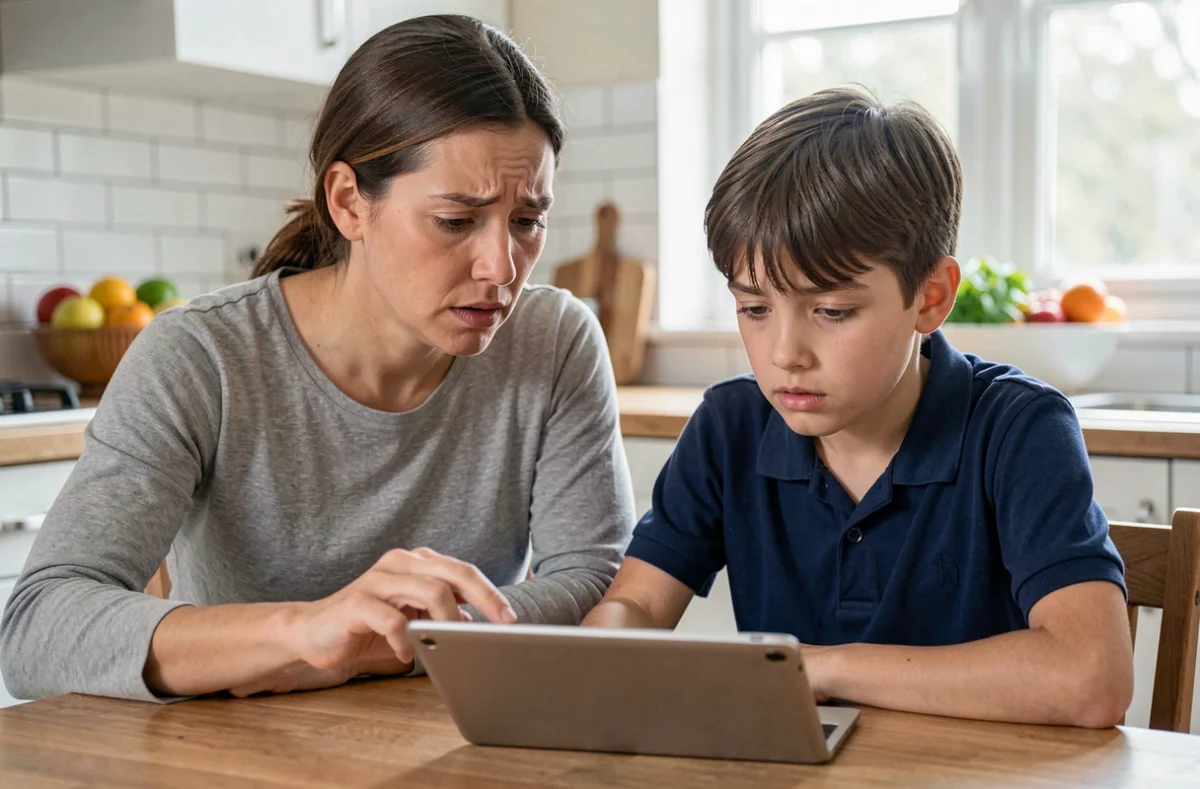 Mère aidant son fils à résoudre un problème de connexion à l'ENT sur une tablette dans la cuisine familiale