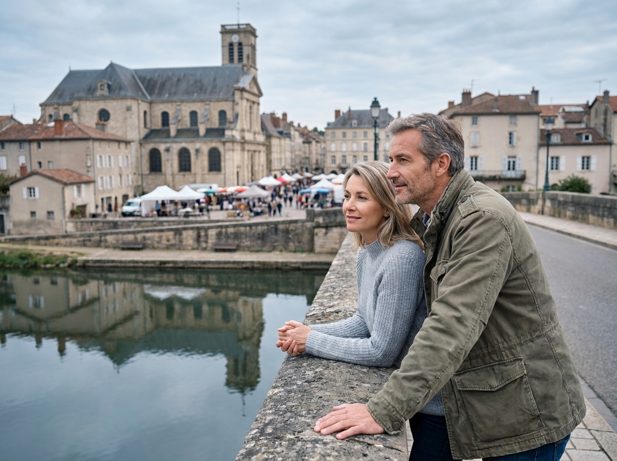 Parents d'étudiant admirant le panorama d'une ville française à taille humaine depuis un pont historique